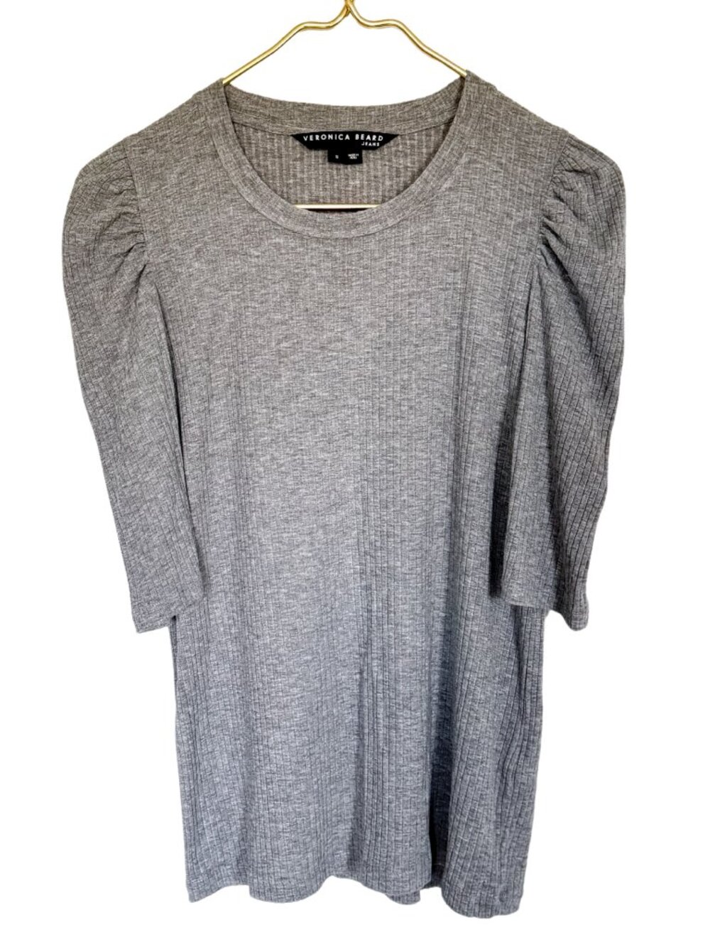 Veronica Beard Gray Ribbed Ruched Puff Sleeve Top S Modal